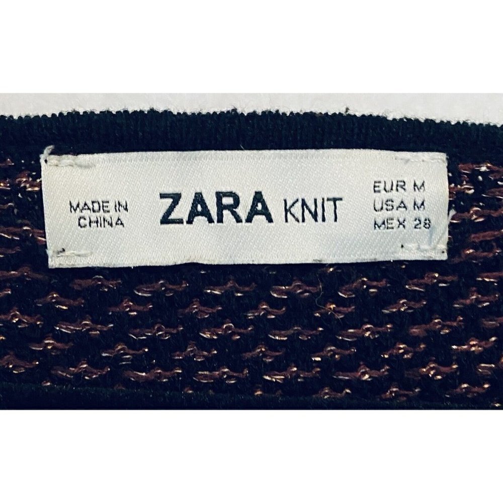 Zara Knit Sweater Dress Womens Medium Metallic Copper Knit Black Tweed Boho - Picture 5 of 5